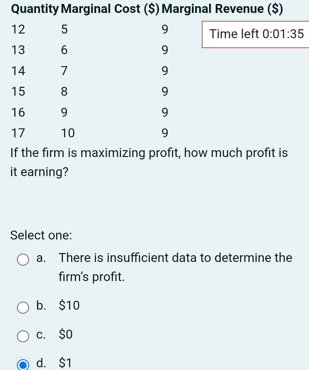  Quantity Marginal Cost ($) Marginal Revenue ($) \table[[12,5,9],[13,6,9],[14,7,9],[15,8,9],[16,9,9],[17,10,9]] If the firm