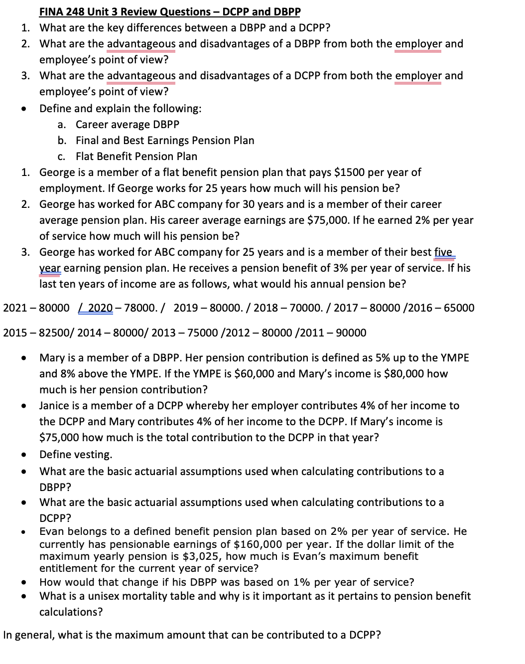  FINA 248 Unit 3 Review Questions - DCPP and DBPP What
