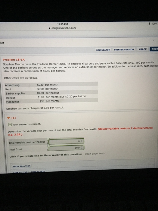  11:15 PM * 100% ent CALCULATOR, PRINTER VERSION BACK NEXT Problem