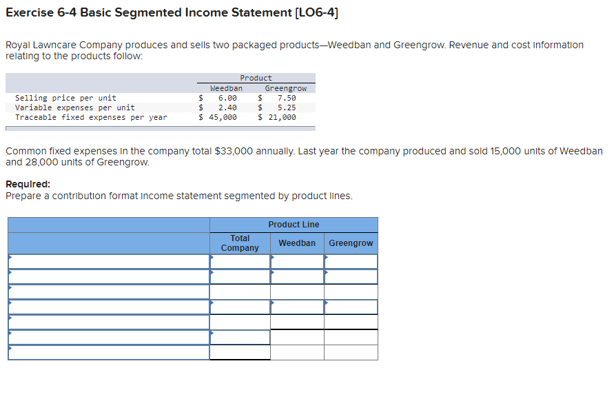  Exercise 6-4 Basic Segmented Income Statement (LO6-4] Royal Lawncare Company produces