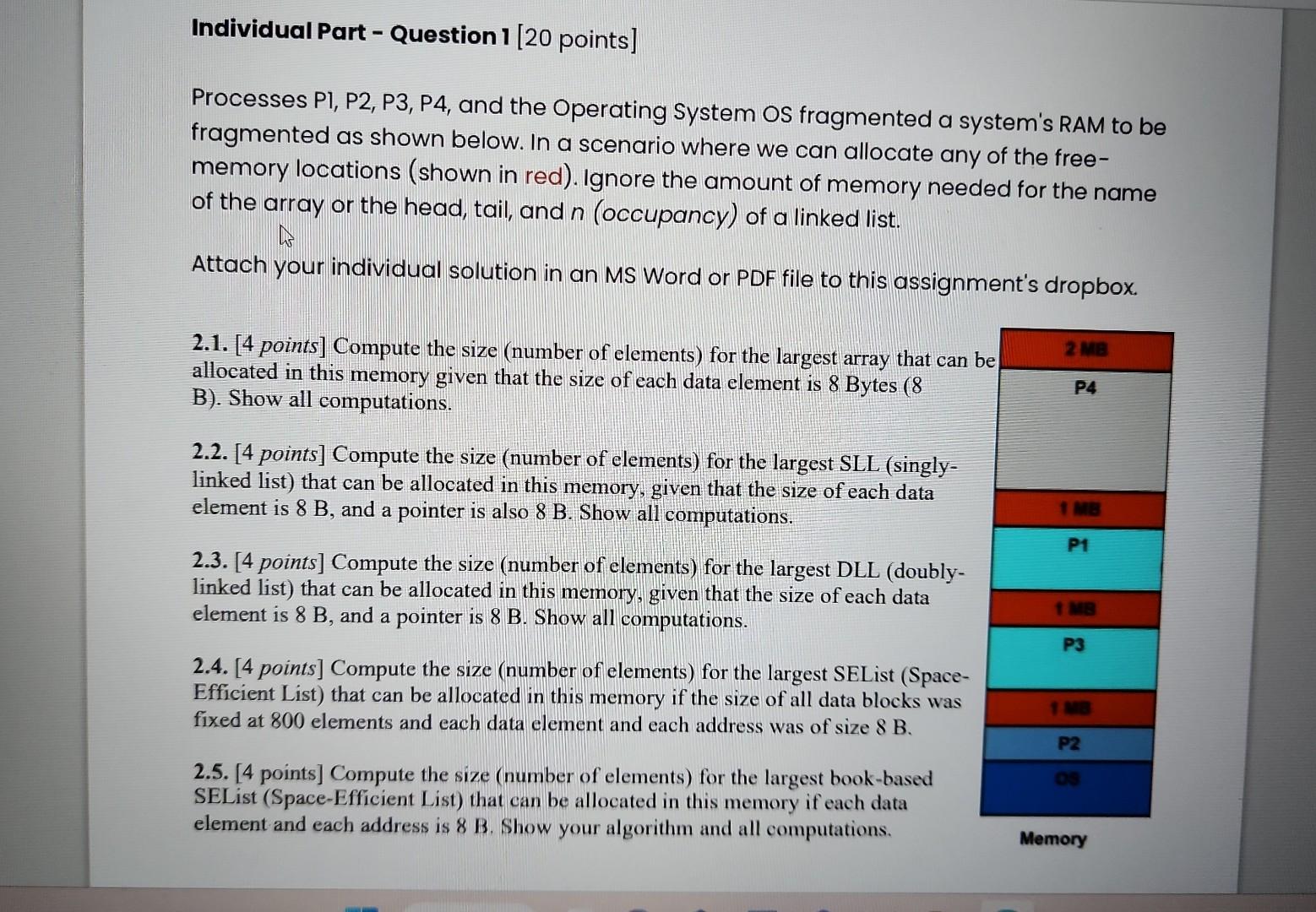 Processes PI, P2, P3, P4, and the Operating System OS fragmented