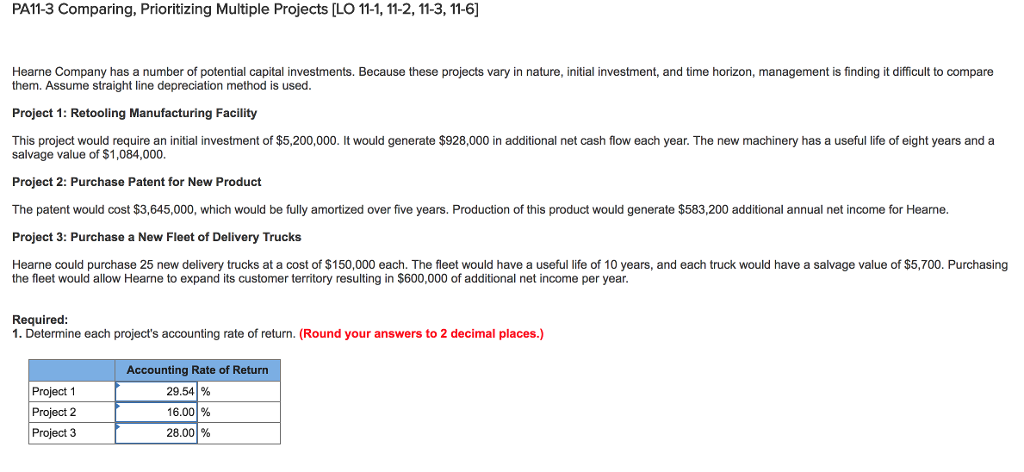 PA11-3 Comparing, Prioritizing Multiple Projects [LO 11-1, 11-2, 11-3, 11-6 Hearne