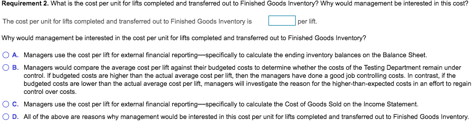 : The lifts are transferred to Finished Goods Inventory before shipment to