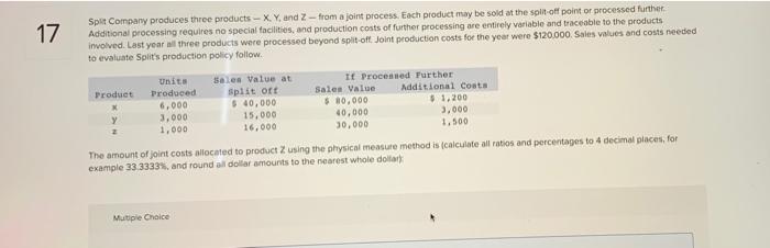 please help me 17 Split Company produces three products - X Y