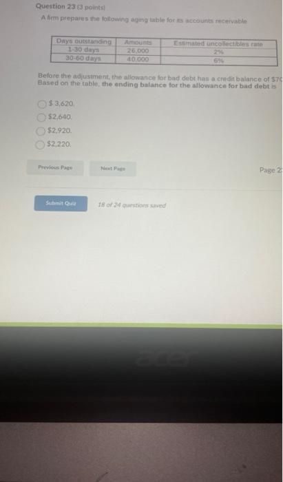  Question 23 (3 points) A tirm prepares the foillowing aging tibble