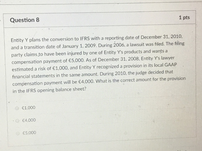  Question 8 1 pts Entity Y plans the conversion to IFRS