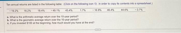  a. What is the arithmetic average return over the 10 -year