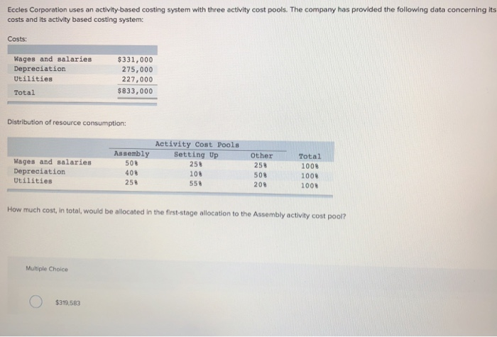  Eccles Corporation uses an activity-based costing system with three activity cost