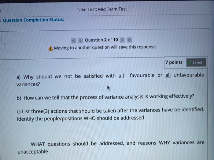  Take Test: Mid Term Test Question Completion Status: Question 2 of