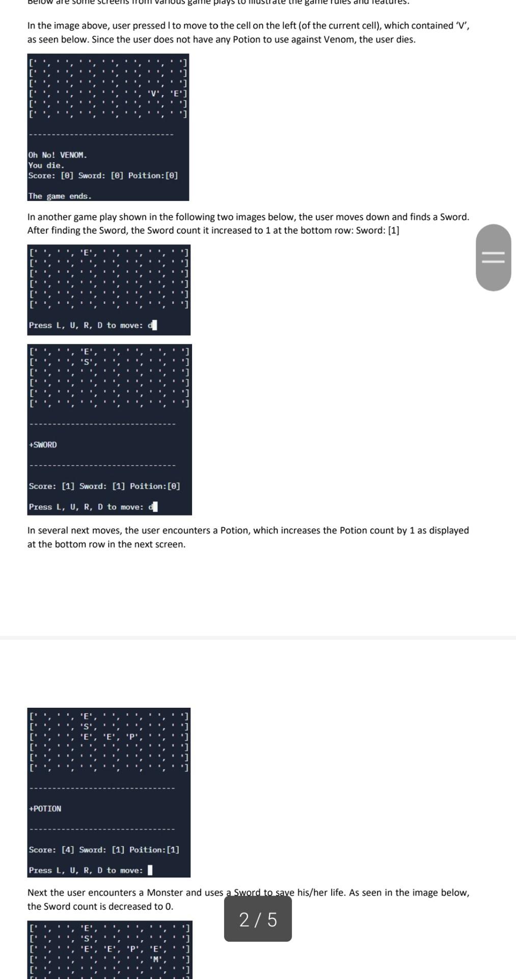 adventure game that you have developed previously. Game features and rules are