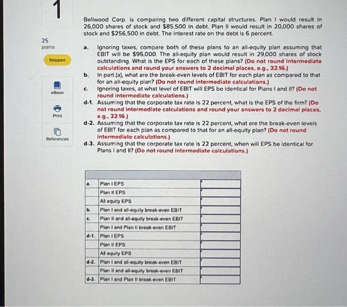  Bellwood Corp. is comparing two different capital structures. Plan I would