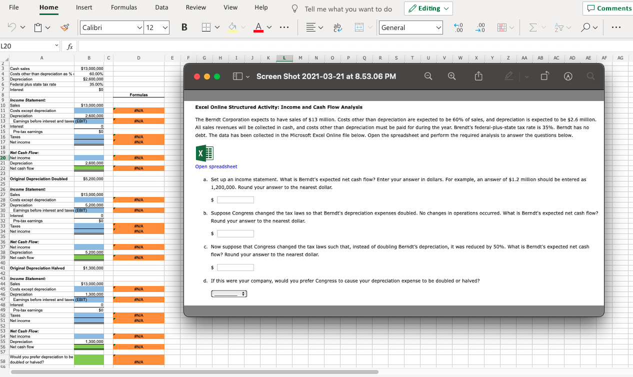 Excel Online Structured Activity: File Home Insert Formulas Data Review View Help