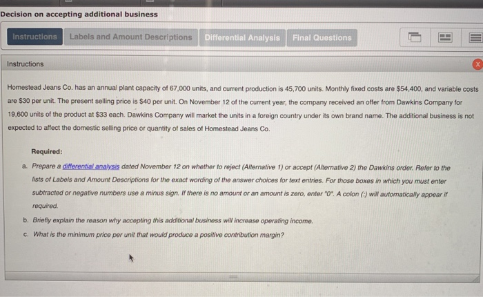 Decision on accepting additional business Instructions Labels and Amount Descriptions Differential