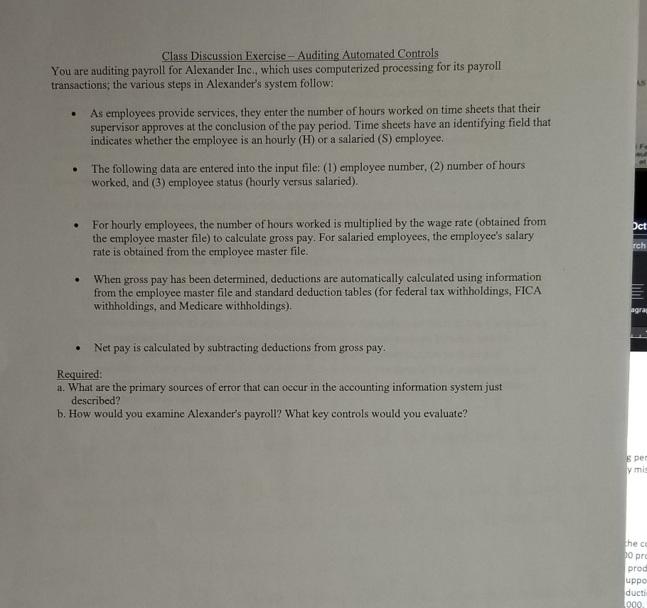 Class Discussion Exercise- Auditing Automated Controls You are auditing payroll for