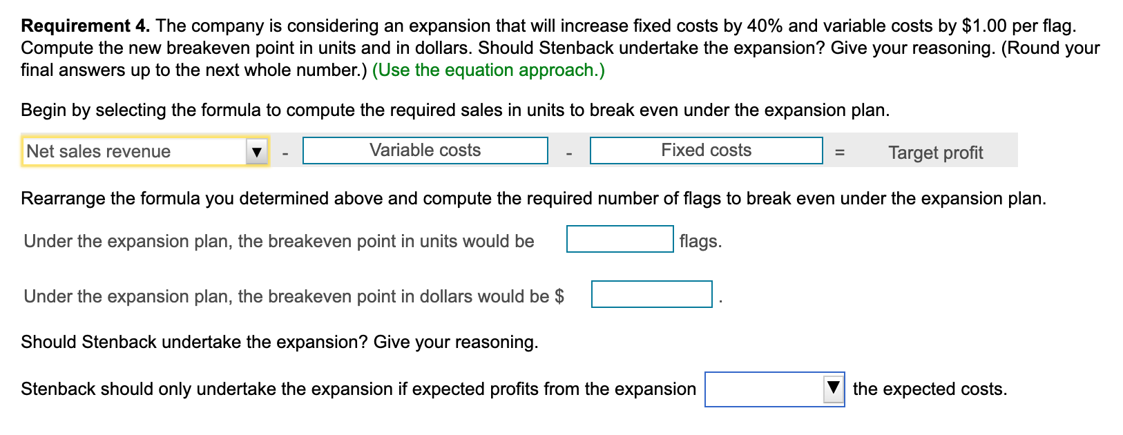 flag sells for $10.00. Read the requirements. Requirement 1. Use the equation