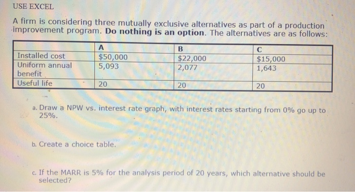 please completw showing all work USE EXCEL A firm is considering three