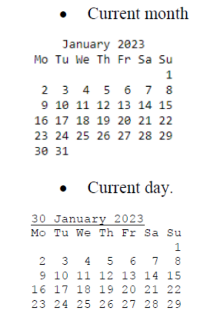 Write Python program to display the following: Without using calendar or date