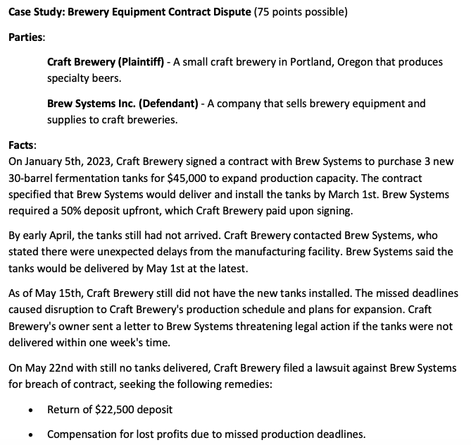  Case Study: Brewery Equipment Contract Dispute ( 75 points possible) Parties: