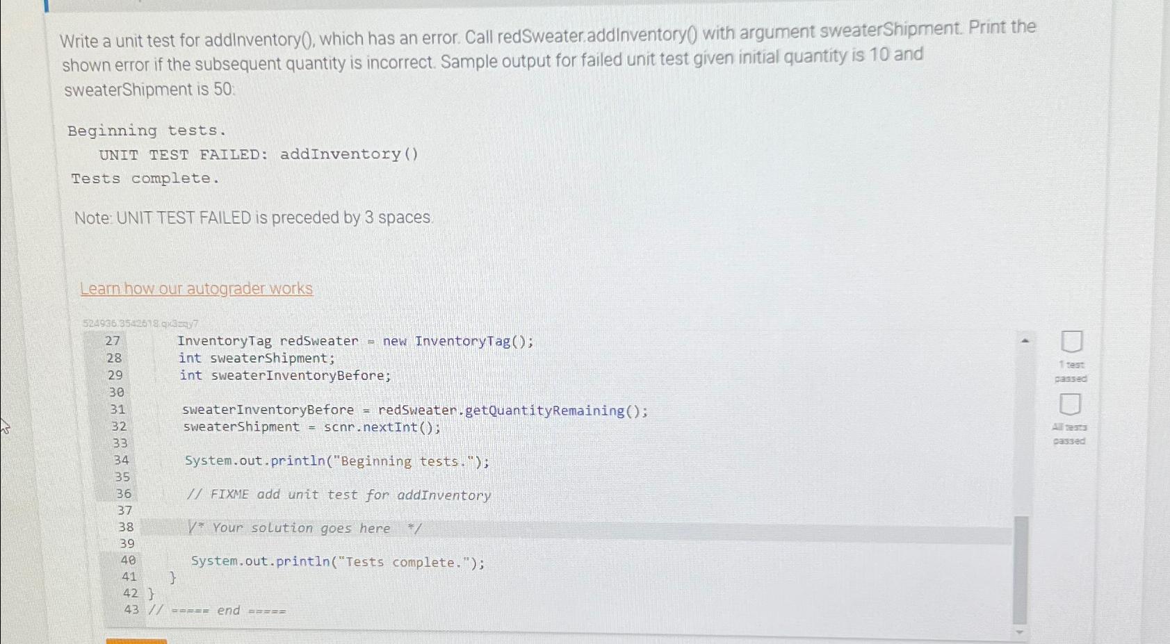  Write a unit test for addlnventory(), which has an error. Call