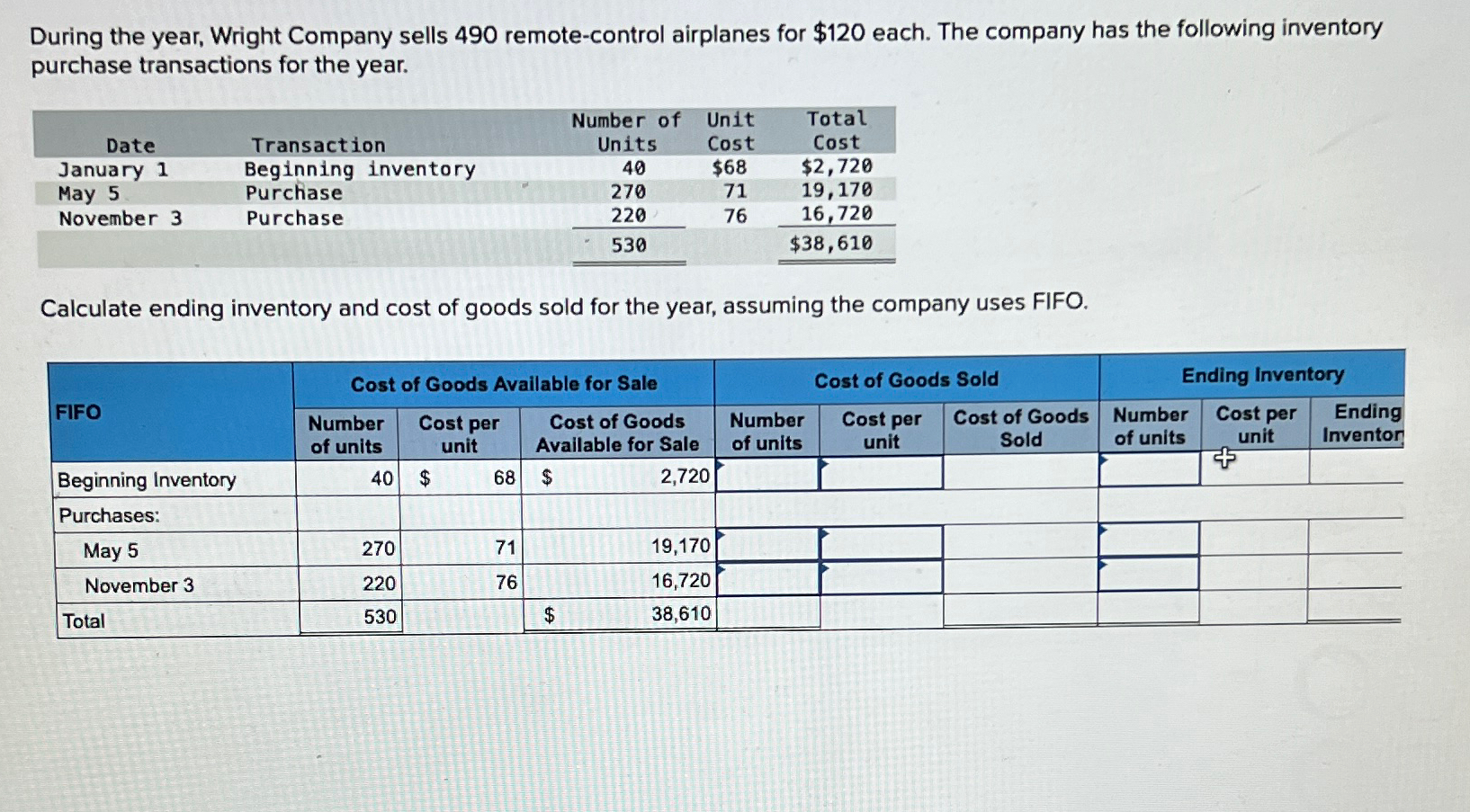  During the year, Wright Company sells 490 remote-control airplanes for $120