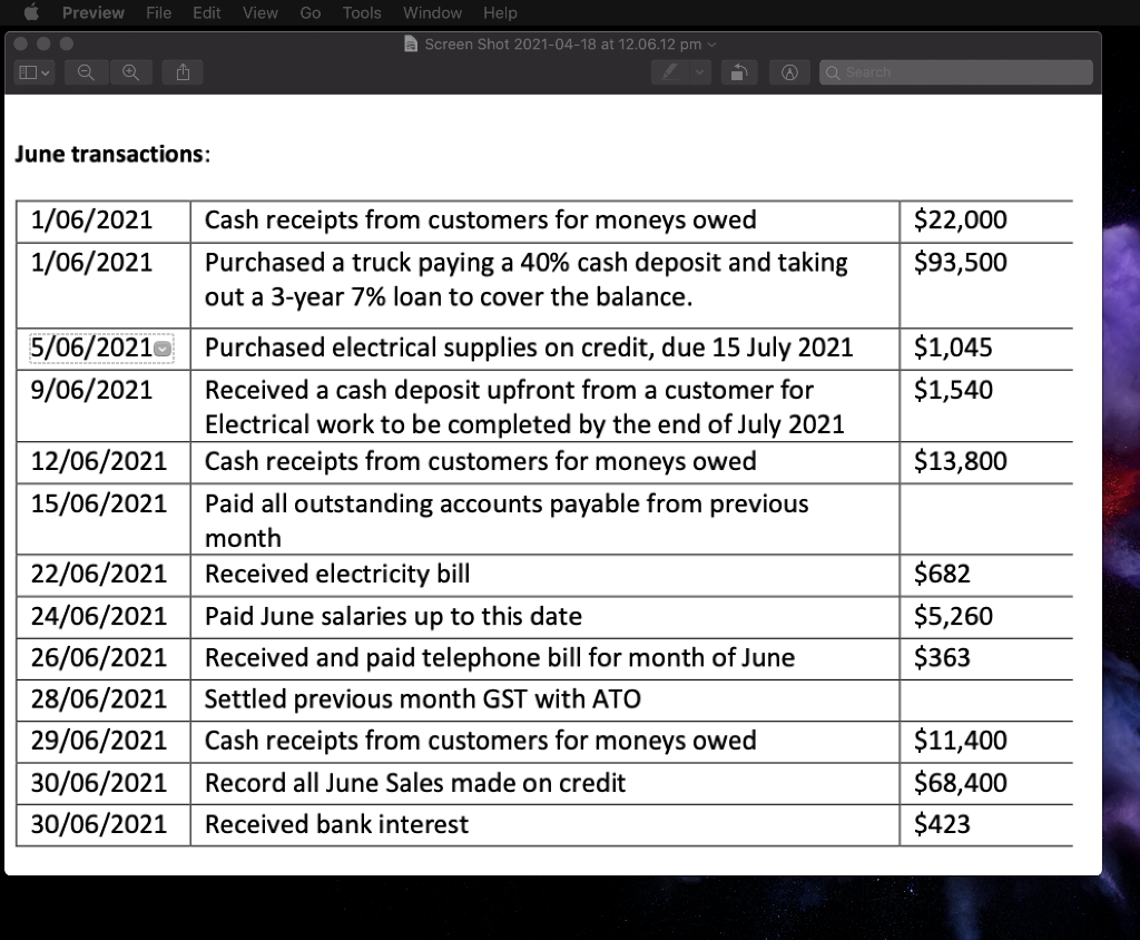 the journal entries for June transactions. Include narrations. Record adjusting entries for