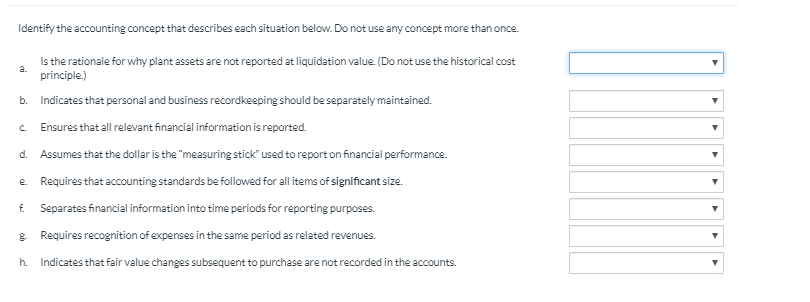 Identify the accounting concept that describes each situation below. Do not