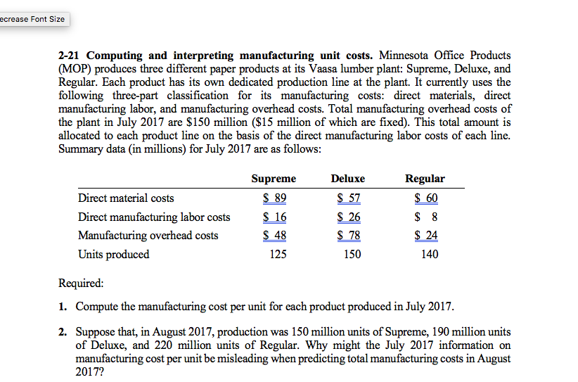  ecrease Font Size 2-21 Computing and interpreting manufacturing unit costs. Minnesota