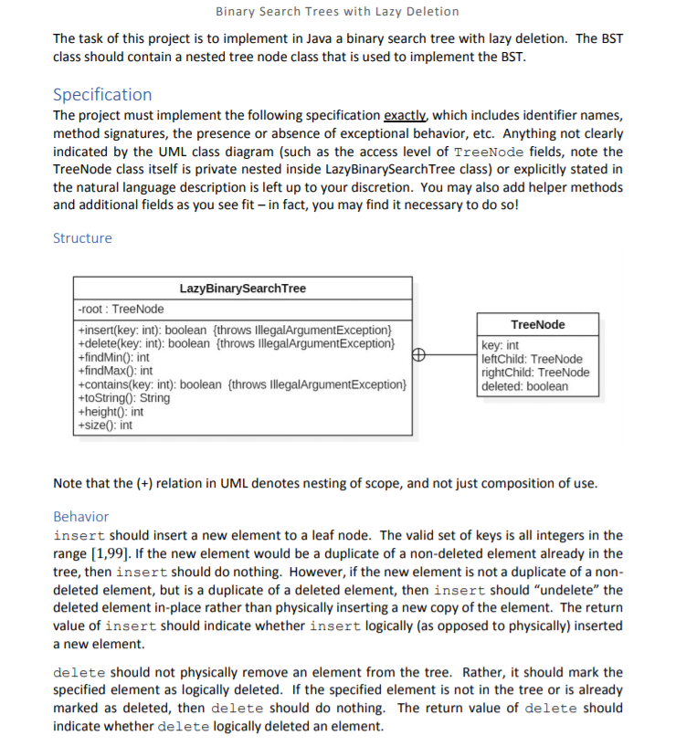Please include the code for both classes 1- LazyBinarySearchTree.java 2- main.java -----------------------------------------