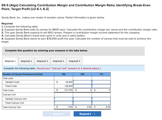 E6-5 (Algo) Calculating Contribution Margin and Contribution Margin Ratio; Identifying Break-Even