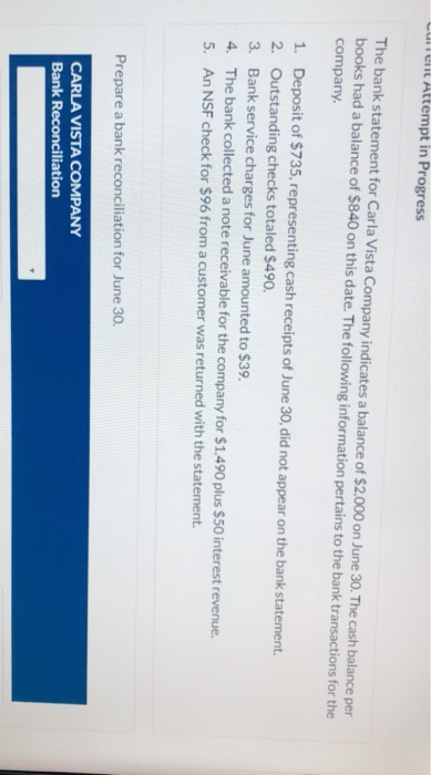 help please Lunciit Attempt in Progress The bank statement for Carla Vista