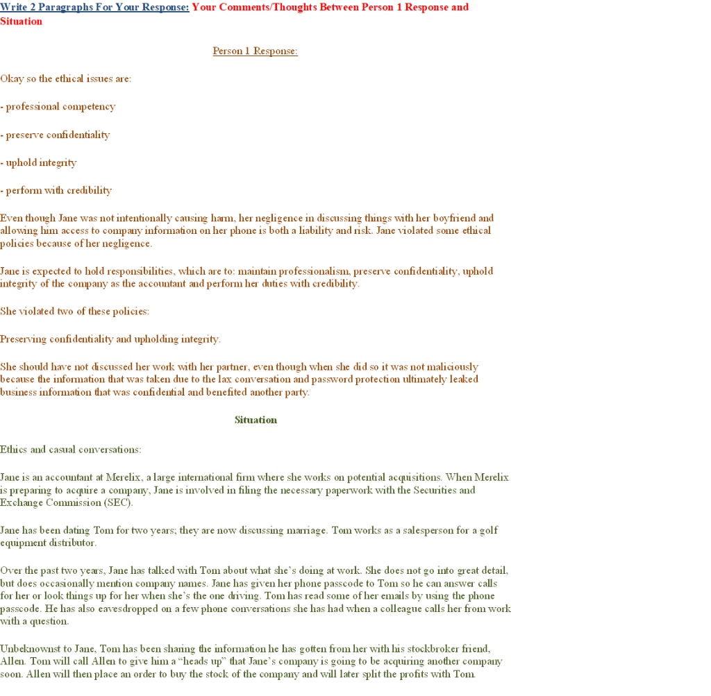 Write 2 Paragraphs For Your Response: Your Comments/Thoughts Between Person 1