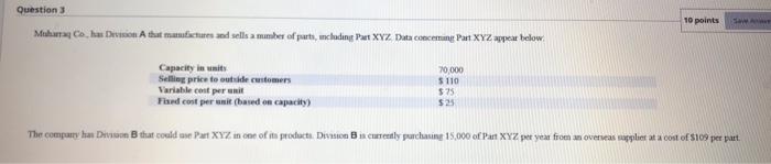 and sells a mamber of parts, including Part XYZ. Data concening Part