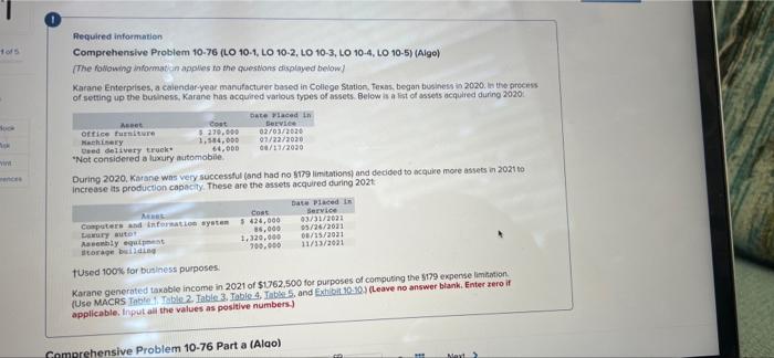  Required information Comprehensive Problem 10-76 (LO 10-1, LO 10-2, LO 10-3,