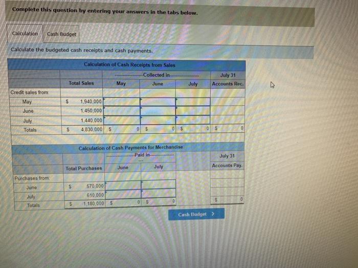 cash budget LO P4 Use the following information to prepare the July