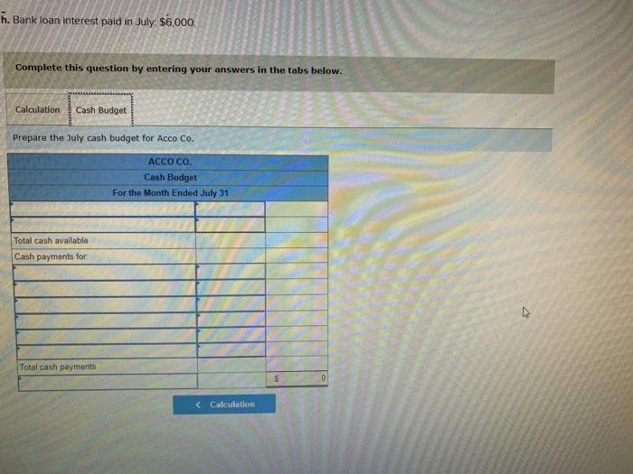 cash budget for Acco Co. It should show expected cash receipts and