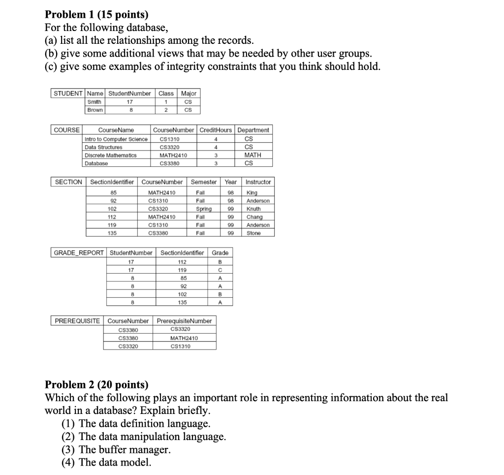 Problem 1 (15 points) For the following database, (a) list all