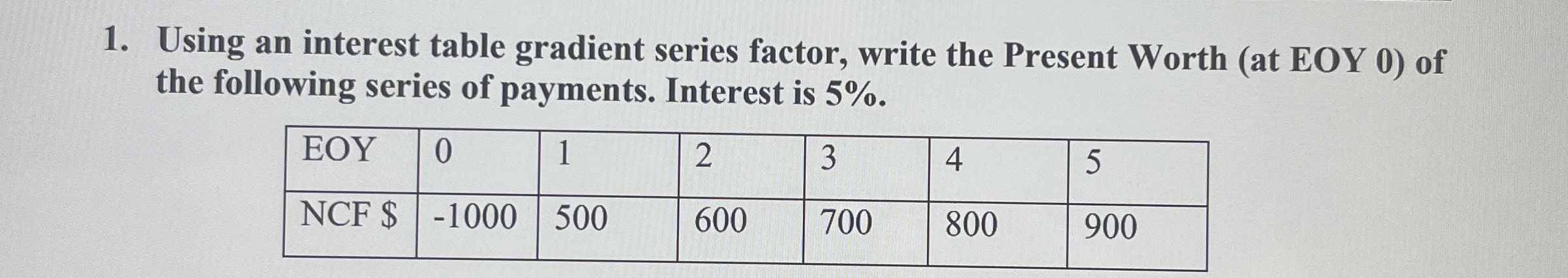  Using an interest table gradient series factor, write the Present Worth