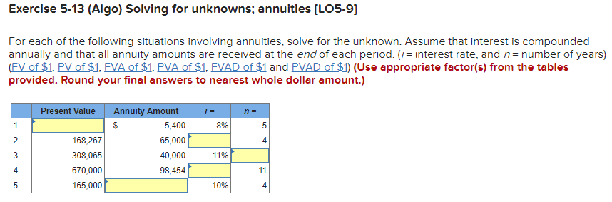  Exercise 5-13 (Algo) Solving for unknowns; annuities (LO5-9) For each of