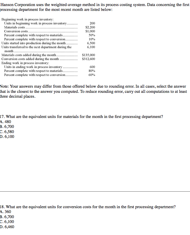 s PLEASE ASAP Hanson Corporation uses the weighted-average method in its process