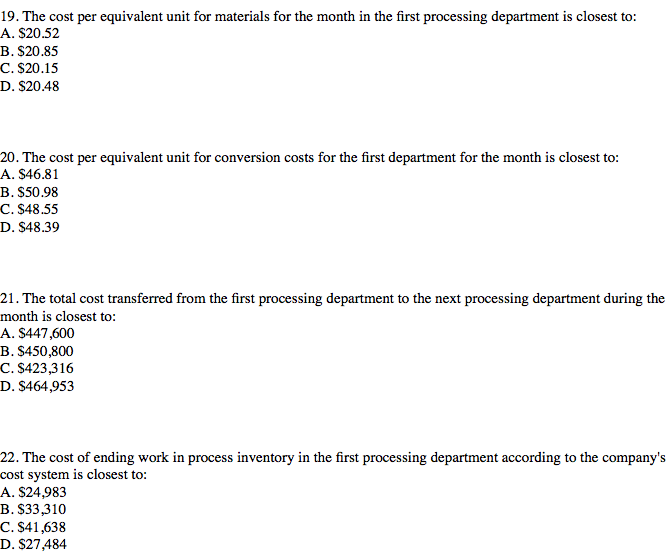 costing system. Data concerning the first processing department for the most recent