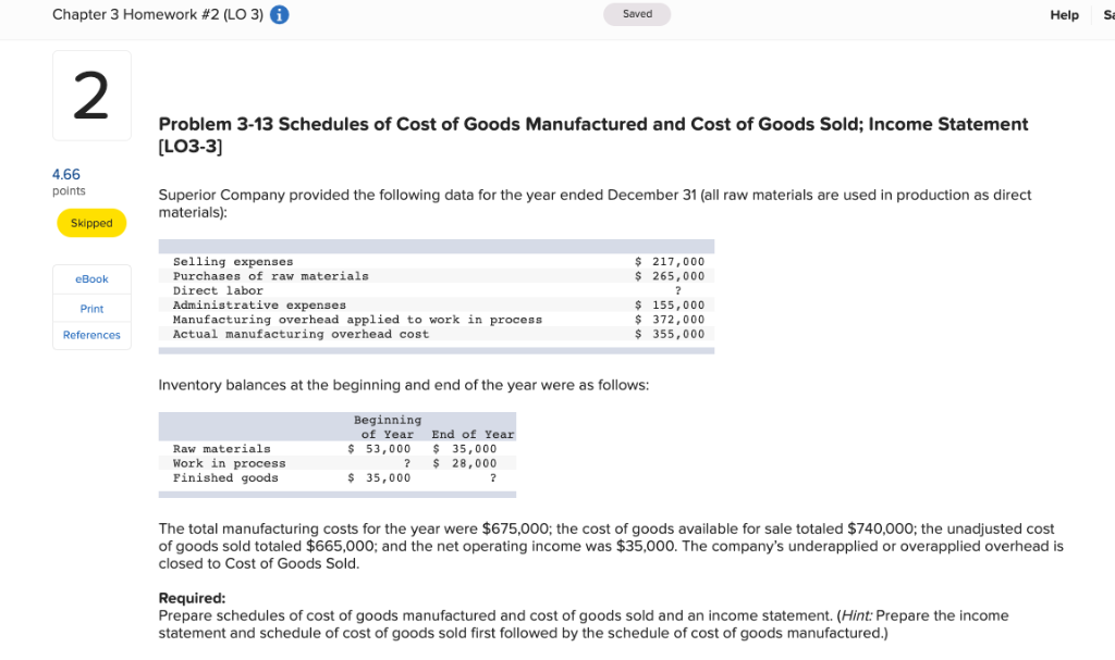  Chapter 3 Homework #2 (LO 3) Saved Help Sa 2 Problem