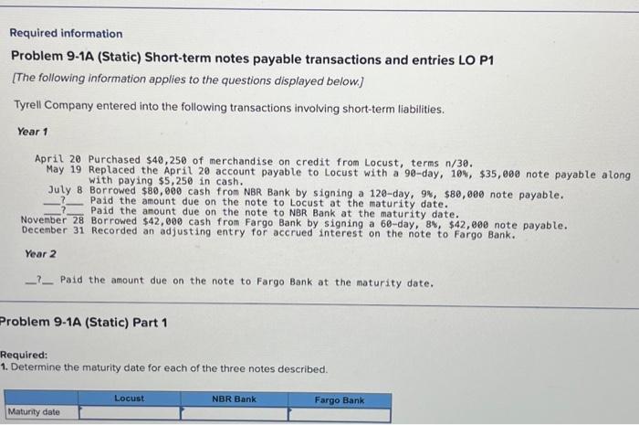  Required information Problem 9.1A (Static) Short-term notes payable transactions and entries