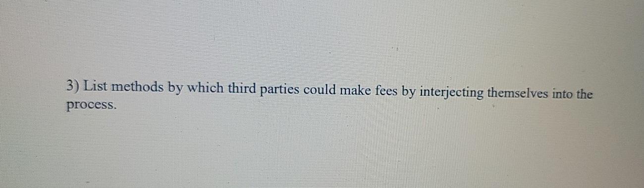  3) List methods by which third parties could make fees by