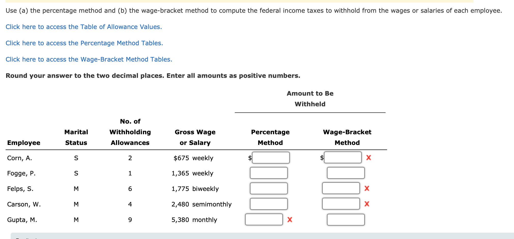Use (a) the percentage method and (b) the wage-bracket method to