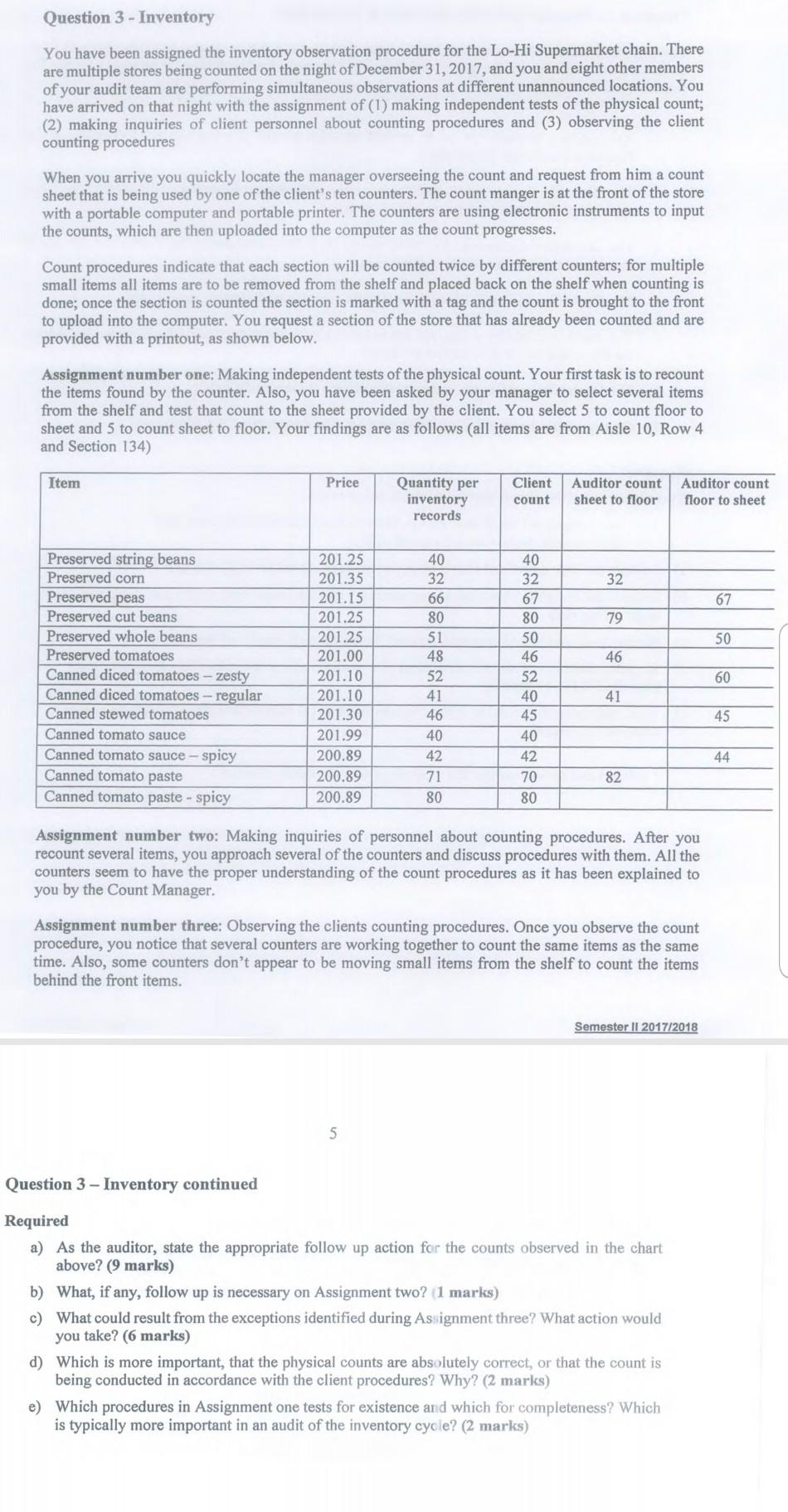  Question 3 - Inventory You have been assigned the inventory observation