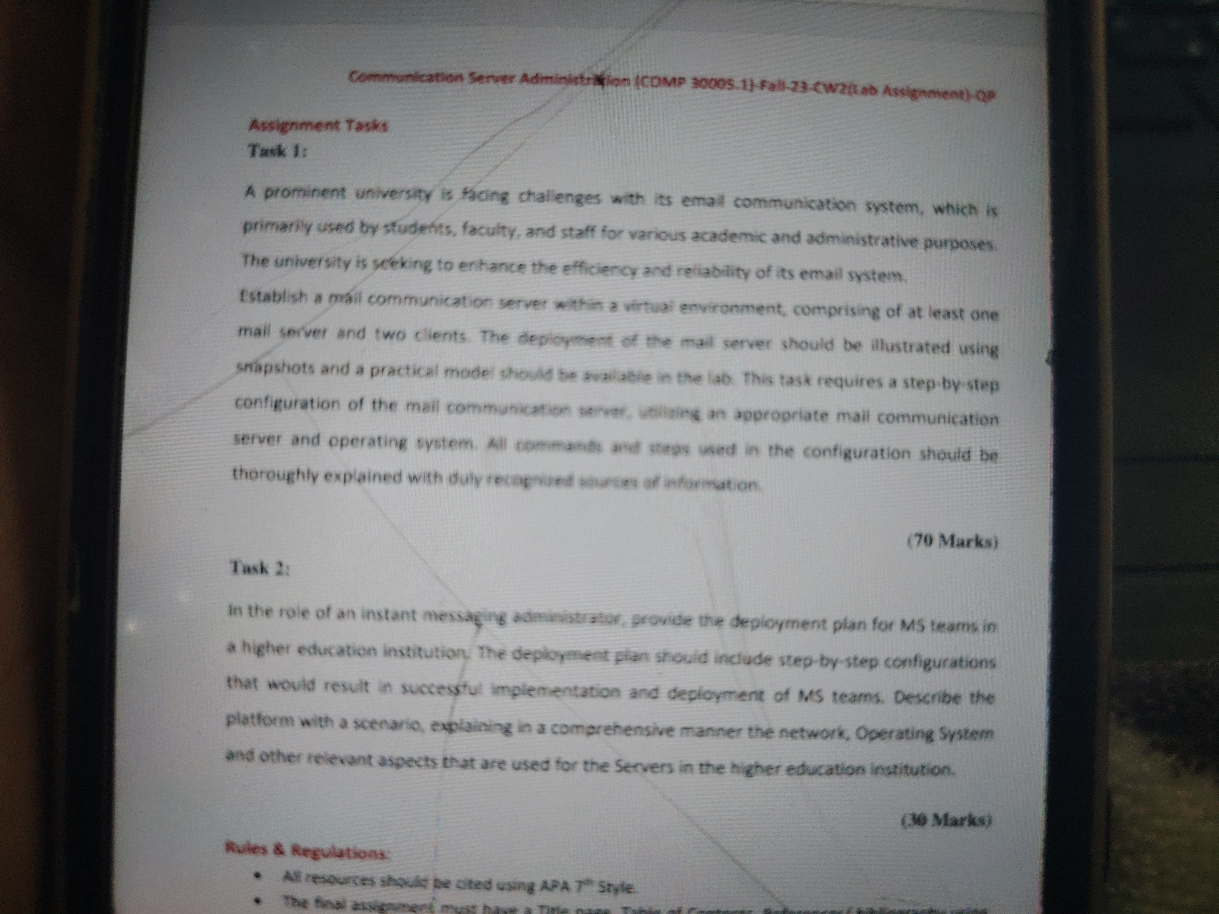  Communtication Server Administrxion (COMp 30005.1) fall-23-CW2(lab Assignment) QP Assignment Tasks Task