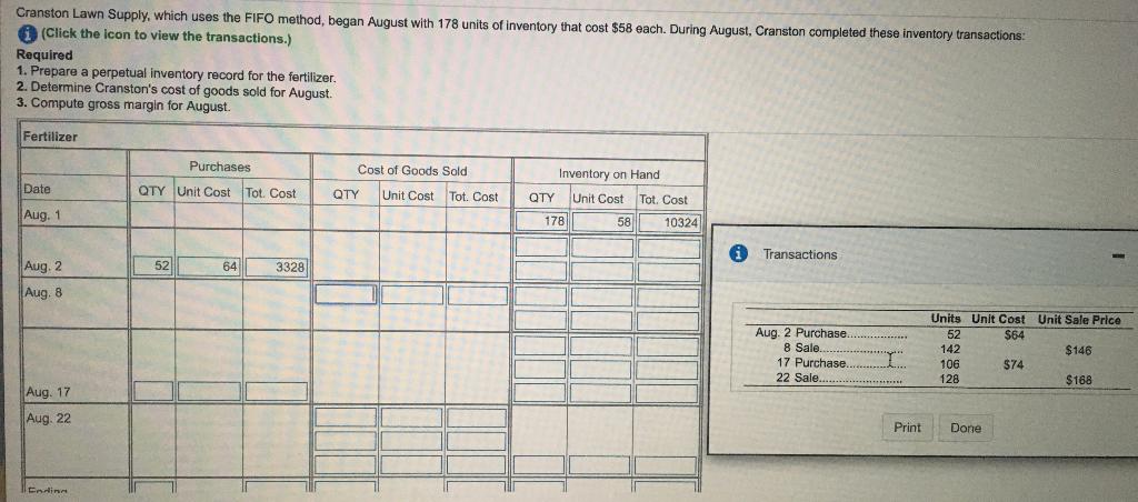  Cranston Lawn Supply, which uses the FIFO method, began August with