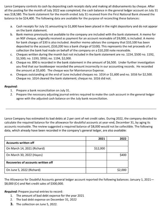 please provide step by step and excel tables with complete explanation Lance