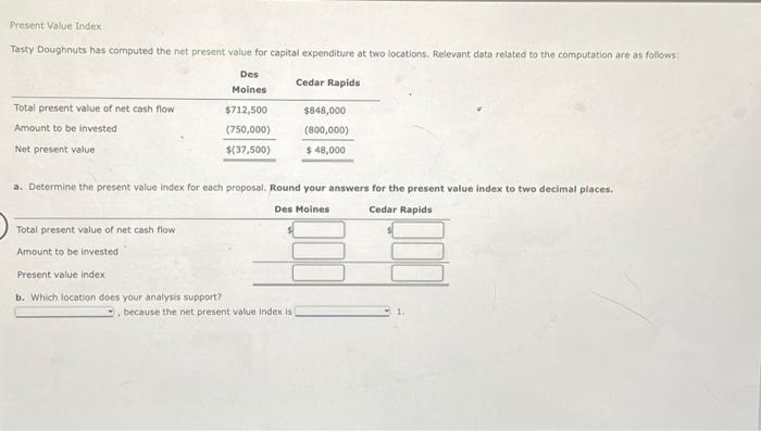  Present Value Index Tasty Doughnuts has computed the net present value