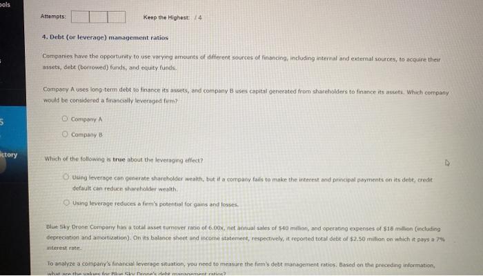  sols Attempts: Keep the Highest: 4 4. Debt (or leverage) management